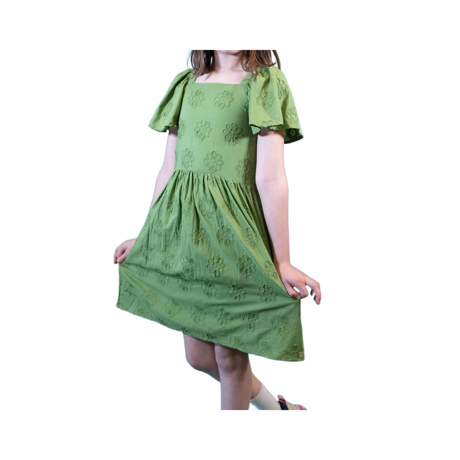 New Deux Par Deux Frill Sleeve Dress With Embroidery In Green
